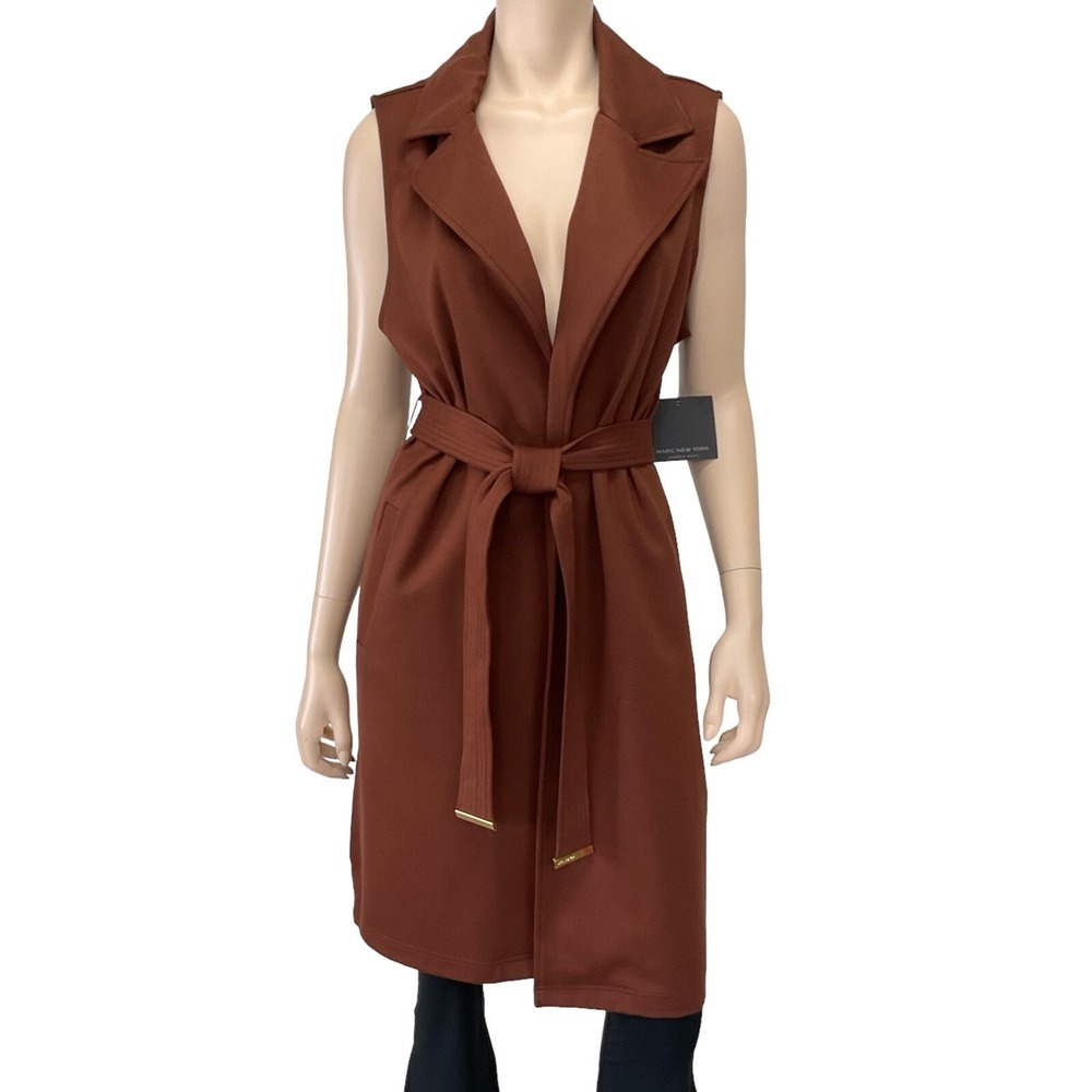 Marc New York Vest Women Medium Brown Longline Open Belted Ponte Trench NWT